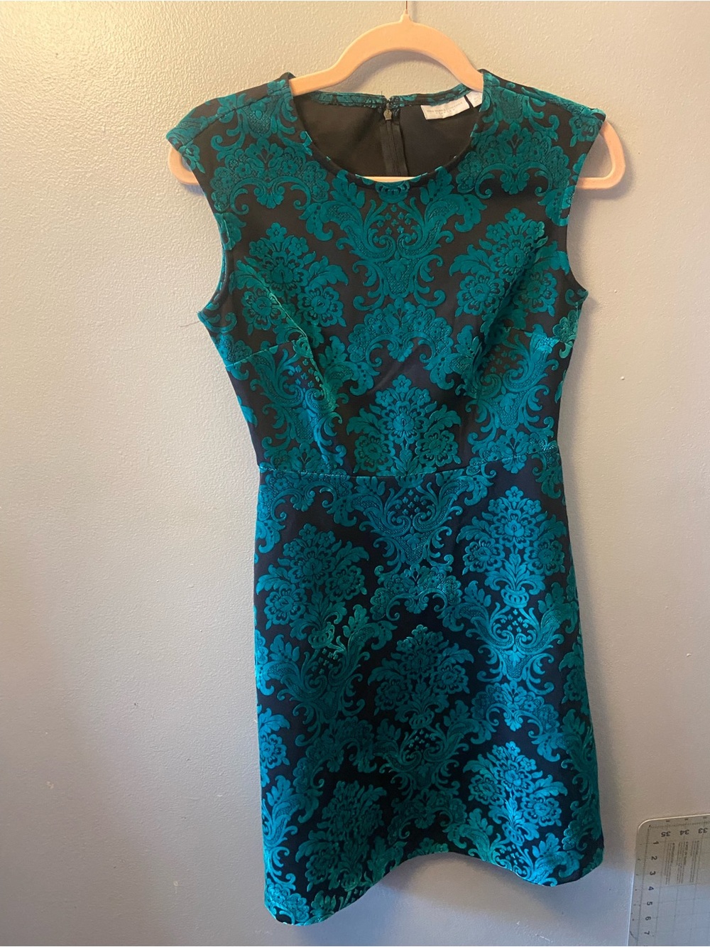 New York & Company Teal and Black Damask Cap-Sleeve Sheath Dress